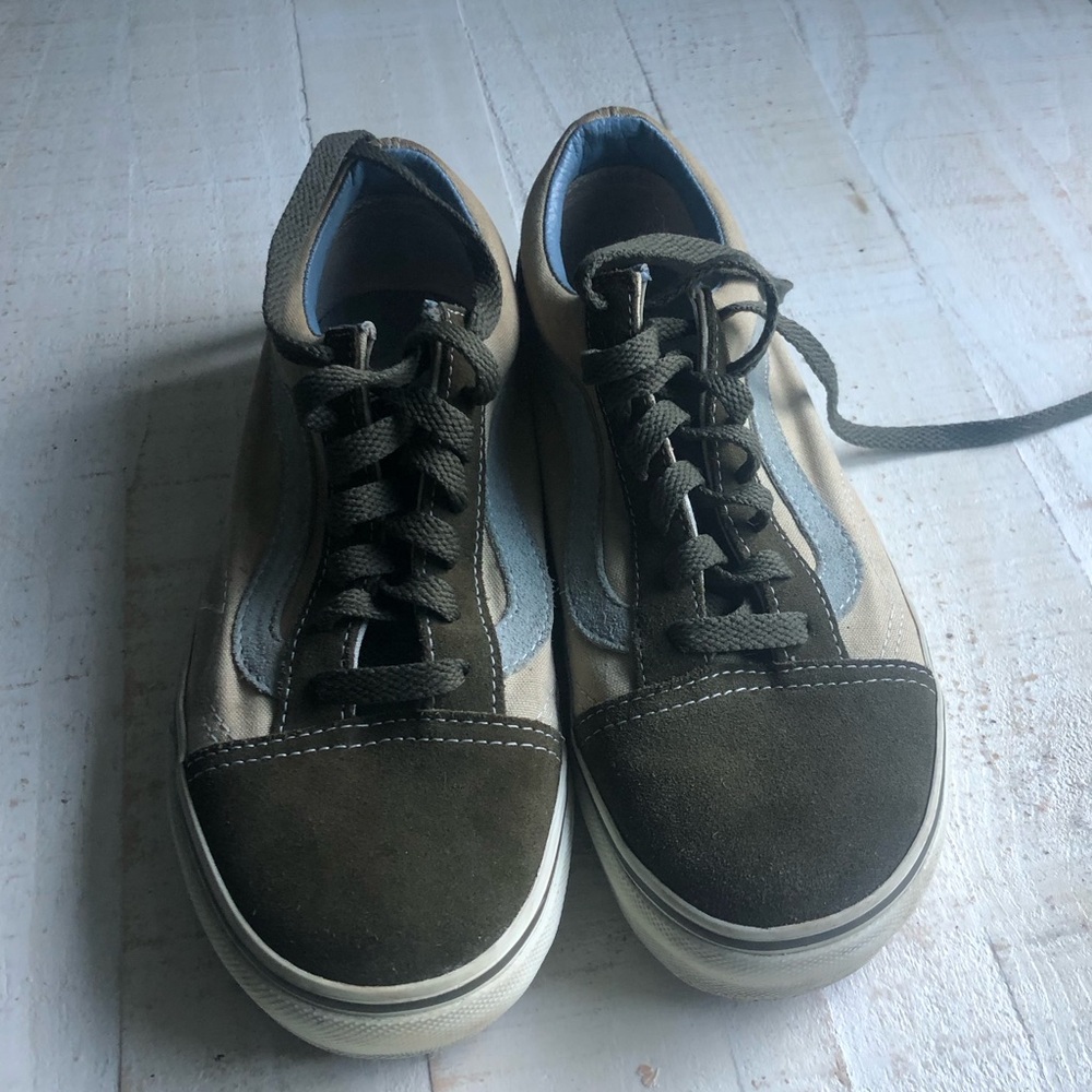 Vans tan/green/blue suede and canvas. Men’s 5.5/Women’s 7.